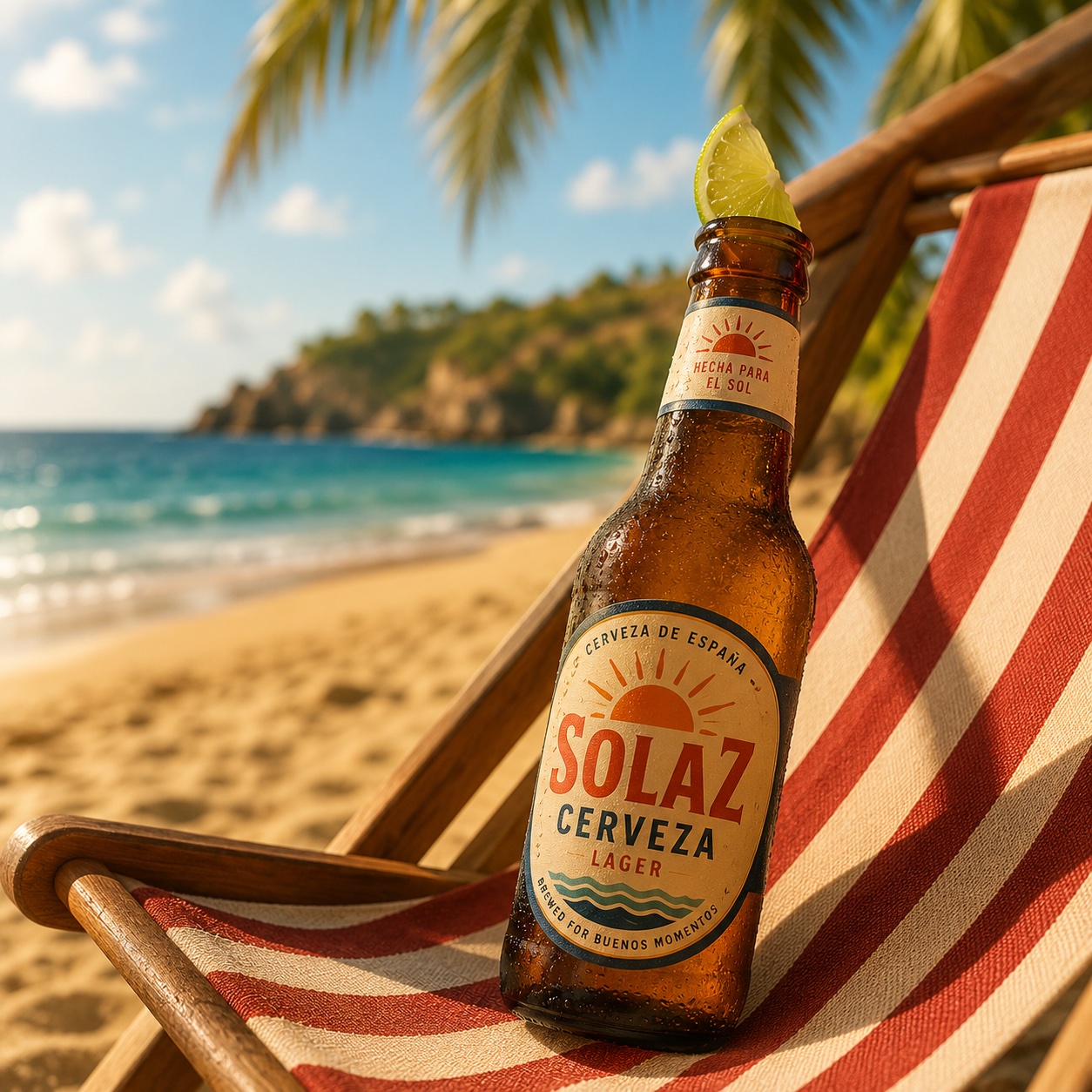 A frosted bottle of 'SOLAZ Cerveza — Cerveza de España, Hecha para el sol' on a red-and-white striped beach chair, palm fronds overhead, blue ocean behind — a fictional Spanish lager standing in for the real one that isn't really from Spain.
