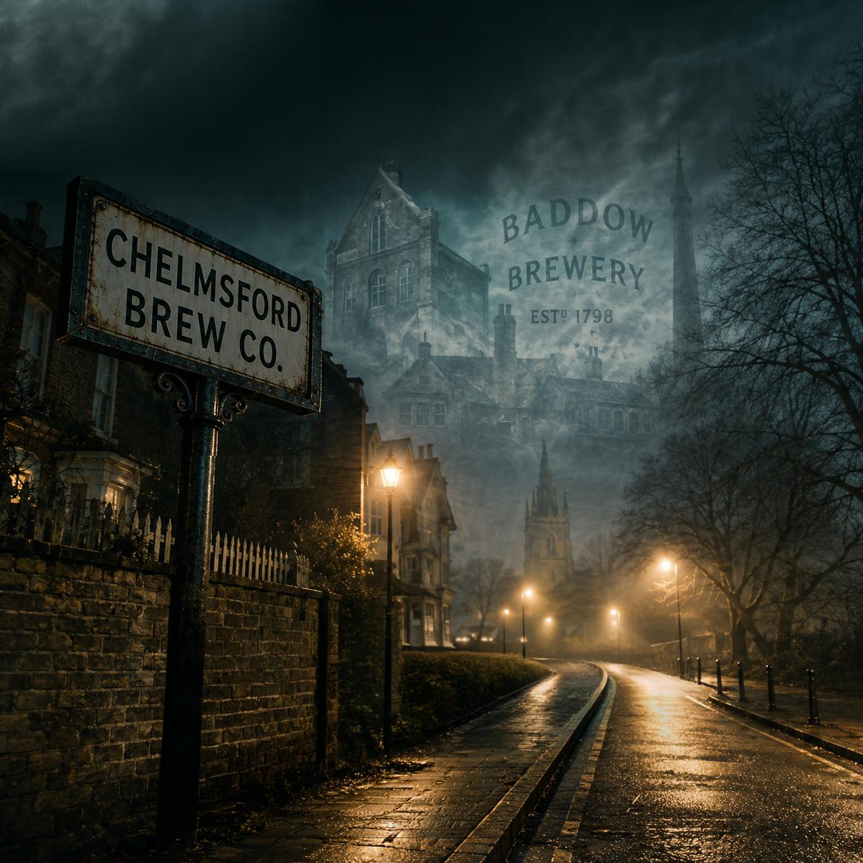Chelmsford Brew Co pub sign in the foreground with the ghostly outline of the old Baddow Brewery, Estd 1865, rising behind it — church spire, gaslamps and wet cobbles at night.