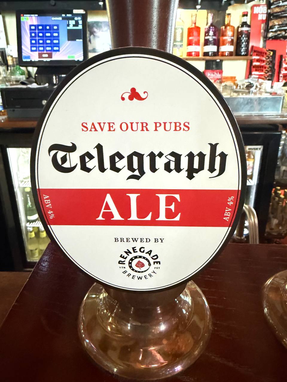 Telegraph Ale pumpclip on the bar at The Bell, Ingatestone — Save Our Pubs livery, Renegade Brewery roundel, 4% ABV.