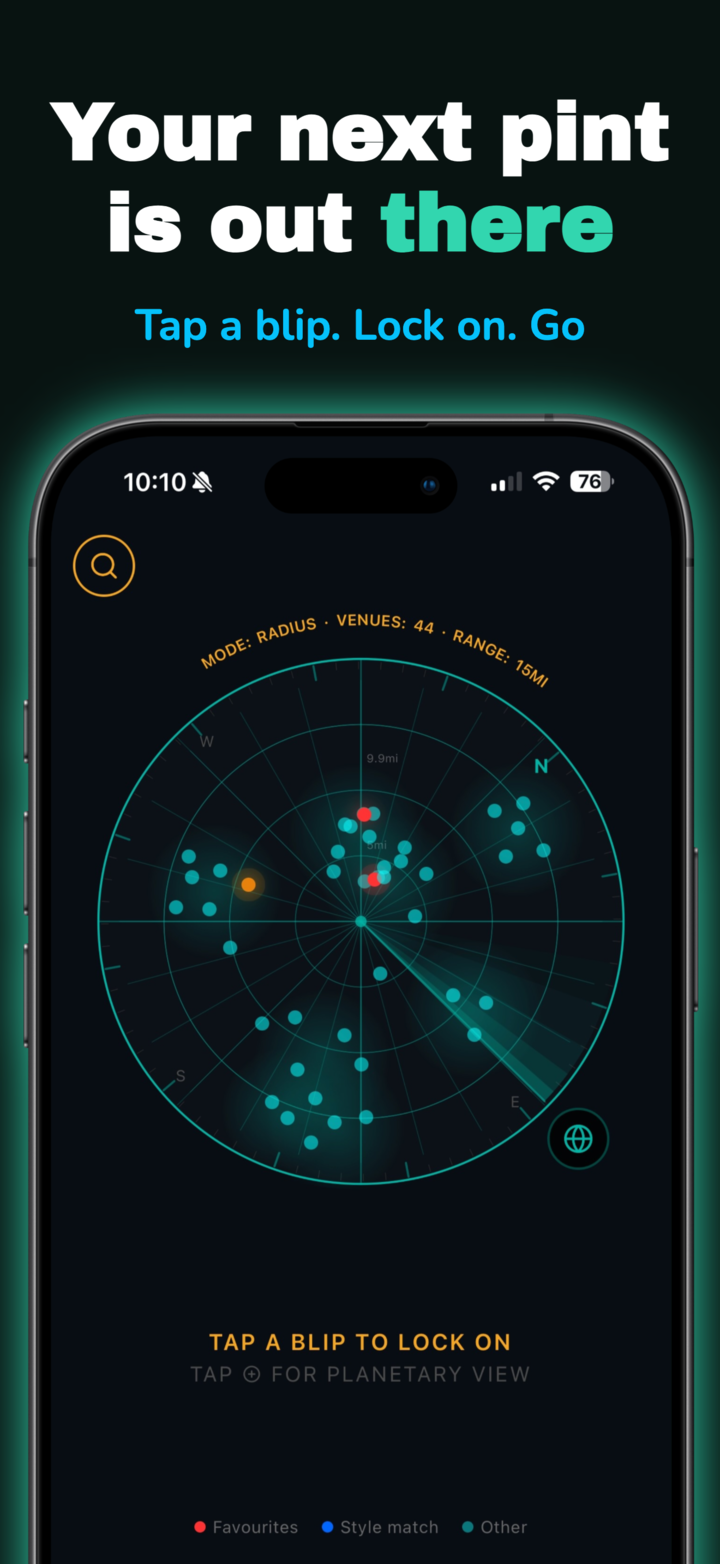 Your next pint is out there — radar with nearby pub blips